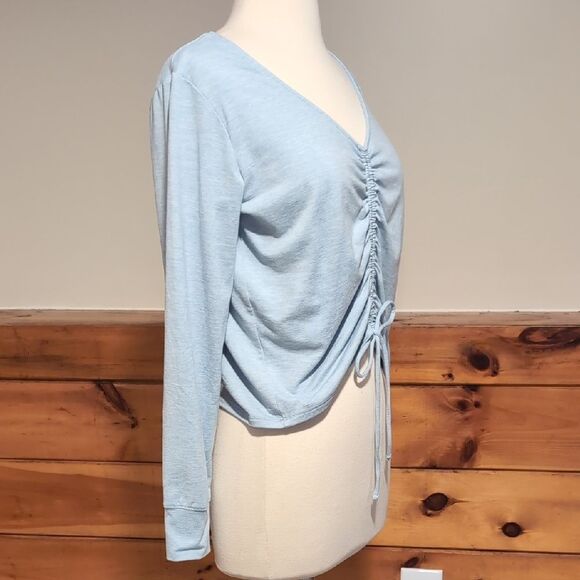 GAP Blue Ruched Tie Front Long Sleeve Blouse - Picture 3 of 5